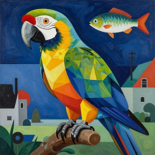 Vibrant digital painting of a multicolored macaw perched on a branch, with a fish in the night sky, against a simplified village