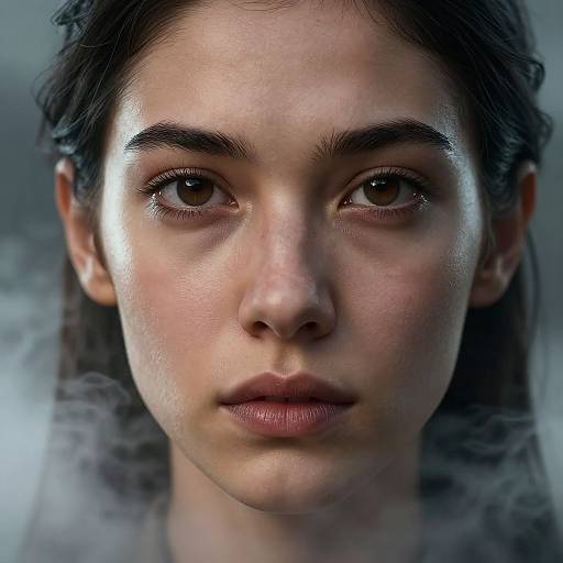 Close-up photograph of a young woman with dark hair, brown eyes, and slightly flushed skin, looking intently forward, with misty background.