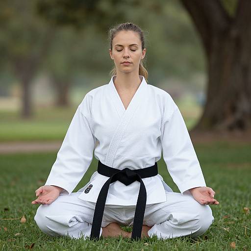 Photograph of a focused, blonde woman in a white karate gi with black belt, sitting cross-legged on grass in a park, practicing meditation.