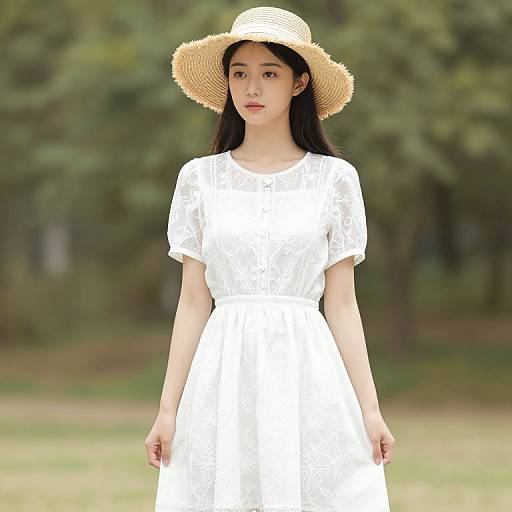 Woman in Floral White Dress and Straw Hat