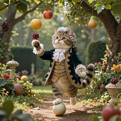 Photograph of a regally dressed tabby cat juggling apples in a sunlit, lush garden, wearing an 18th-century-style black coat