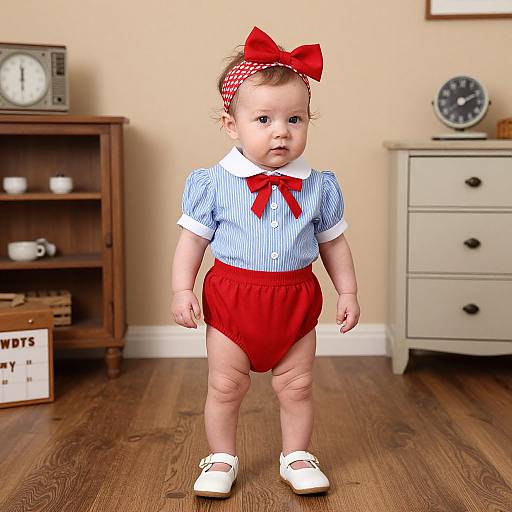 Photograph of a cute baby with blue-striped shirt, red bow, high-waisted red shorts, white shoes, and red-checkered headband