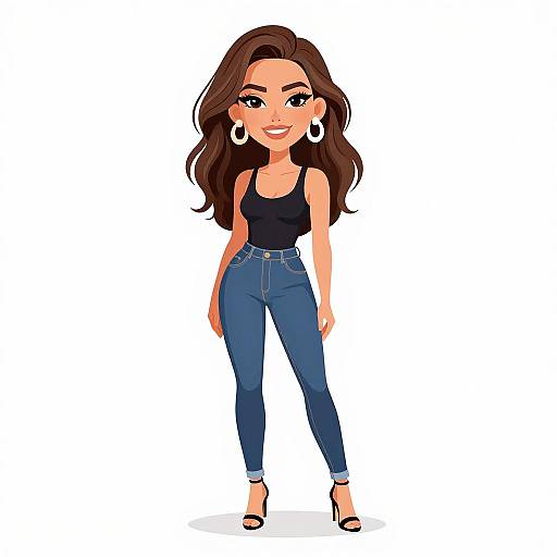 Cartoon illustration of a smiling woman with long brown hair, wearing a black tank top, blue jeans, white hoop earrings, and black high heels,