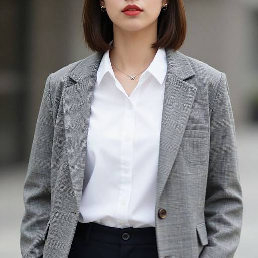 Photograph of an Asian woman with straight brown bob, wearing a gray checkered blazer, white button-down shirt, black pants, and red lipstick