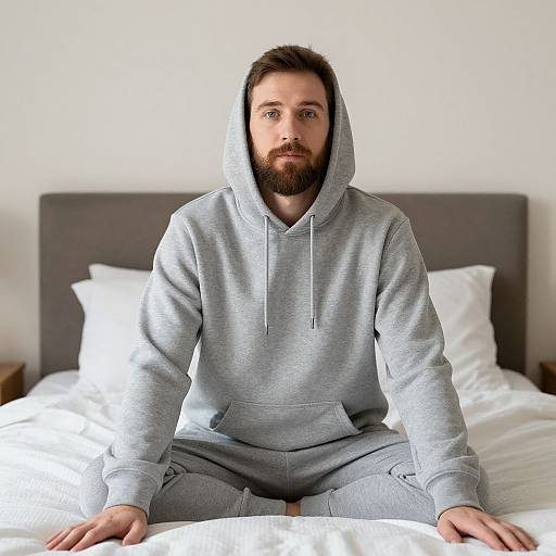Photograph of bearded man with light brown hair, wearing a grey hoodie and pants, sitting on a white bed with grey headboard in a minimal