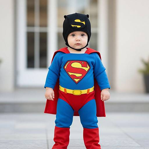 Photograph of a baby in a Superman costume with blue shirt, red pants, yellow belt, red cape, black hat, and red boots, standing