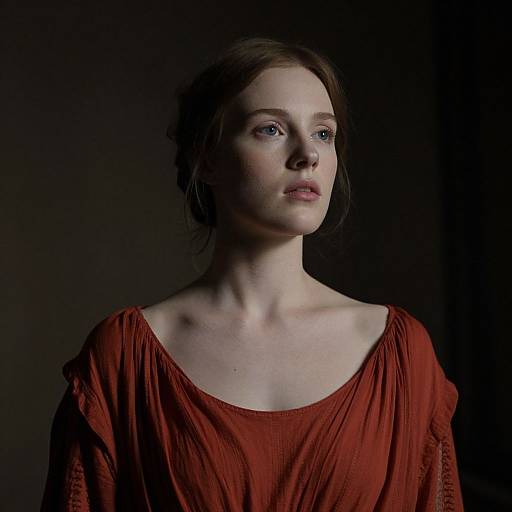 Photograph of a pale, young woman with blue eyes, light brown hair, and red off-shoulder blouse, against a dark background.