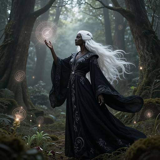 Digital fantasy artwork of a white-haired, dark-skinned woman in a black, flowing dress, conjuring light orbs in a mystical forest.