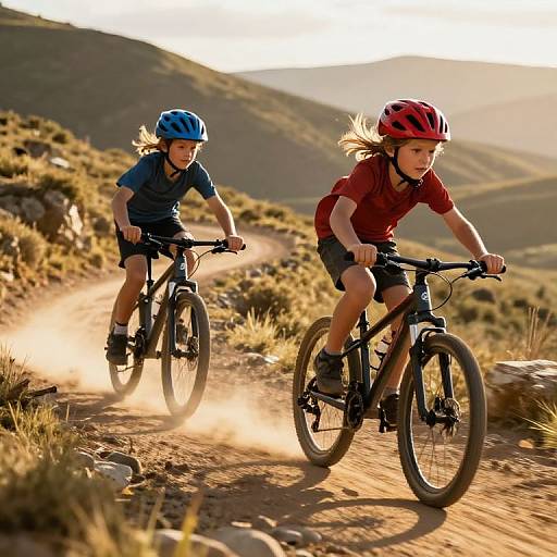 Photograph of two children mountain biking on a dusty, rocky trail with rolling hills in the background, wearing helmets and casual cycling gear.