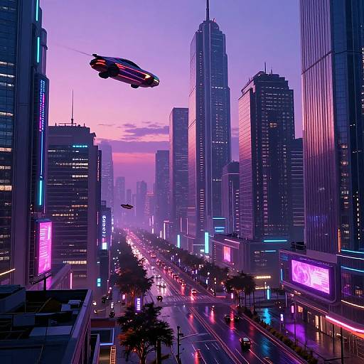 Neon-lit futuristic cityscape at sunset, featuring flying cars, illuminated skyscrapers, vibrant pink, purple, and blue lights, and busy