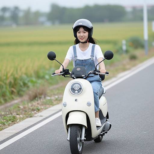 Photograph of an Asian woman with black hair, wearing a white helmet, denim overalls, and white shirt, riding a white scooter on a rural