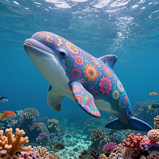 Vibrant underwater photograph of a dolphin with colorful, floral-patterned skin swimming amidst a coral reef with small fish.