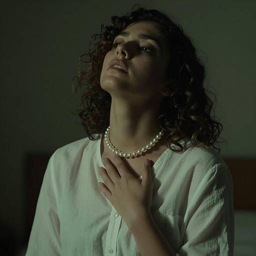 Woman with Curly Hair and Pearl Necklace in Low Light