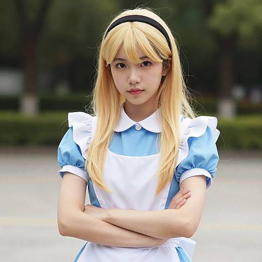 Photograph of an Asian woman with long blonde hair, black headband, blue and white Alice in Wonderland-style dress, arms crossed, standing outdoors with