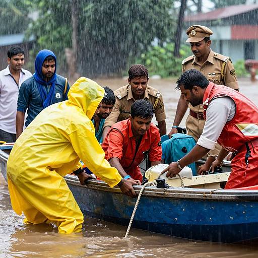 Photograph of people in yellow raincoat, red shirts, and police uniform rescuing a person from a flooded boat in heavy rain.
