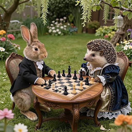 Photograph of a whimsical garden scene featuring a dressed-up rabbit and hedgehog playing chess on a wooden table, surrounded by flowers and greenery.