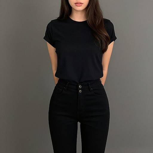 Photograph of an Asian woman with long dark hair, wearing a black short-sleeve top and black high-waisted pants, standing against a