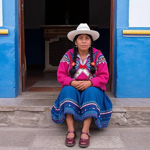 Photograph of an Indigenous Andean woman in vibrant traditional clothing, white hat, blue skirt, pink sweater, sitting at blue door entrance.