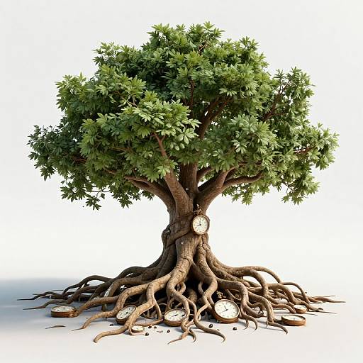 Photorealistic CGI of a tree with a thick, twisting trunk, green leafy branches, and roots holding wooden coins scattered on a white background.