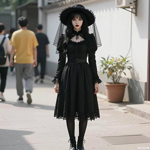 Gothic Morticia-Inspired Costume Outdoors