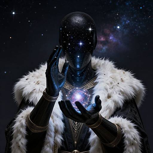 Silhouetted figure with starry face, holding glowing orb, wearing fur-trimmed cloak, against starry galaxy background, digital art.
