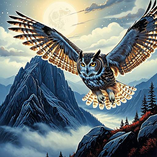 Celestial Owl in Misty Mountain Landscape