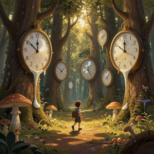 Whimsical forest scene: child with brown hair and red shirt faces giant, floating clock faces, surrounded by mushrooms and sunlight filtering through trees. Digital