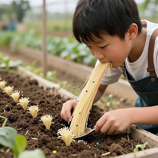 Young Asian boy with black hair in denim overalls and white shirt eats long, spaghetti-like plant tendrils from garden bed.