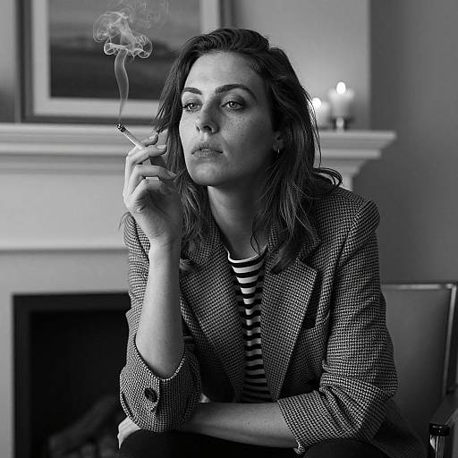 Intense Gaze: Woman Smoking in B&W