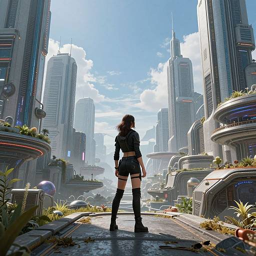 Digital artwork of a woman in black crop top, shorts, and thigh-high boots, standing in a futuristic, skyscraper-filled cityscape with lush green