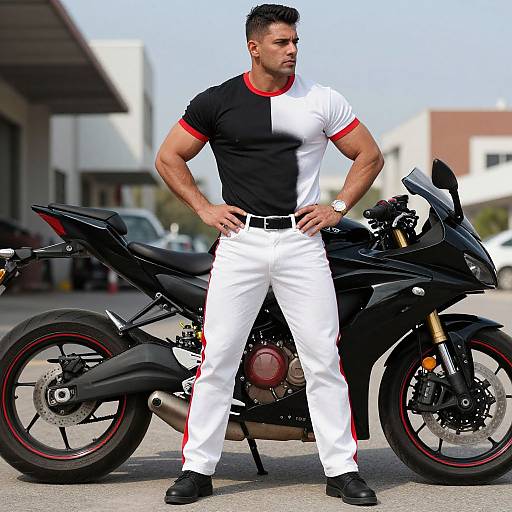 Muscular man with short dark hair, wearing black-and-white shirt, white pants, black shoes, and red trim, stands confidently beside a black sport