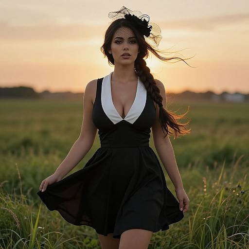 Photograph of a dark-haired woman in a black dress with white collar, wind-blown hair, black lace headpiece, standing in a sunset-l