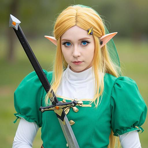 Photograph of a young blonde elf cosplayer with blue eyes, green dress, white turtleneck, and sword, standing in a grassy outdoor