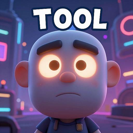 CGI cartoon character with glowing eyes, large head, and a sad expression, wearing a dark blue jacket, in a neon-lit futuristic setting.