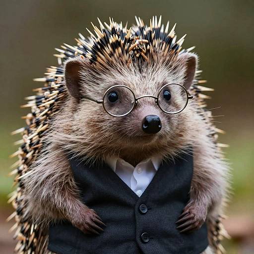 Photograph of a spiky hedgehog wearing round glasses and a black vest over a white shirt, standing against a blurred green background.