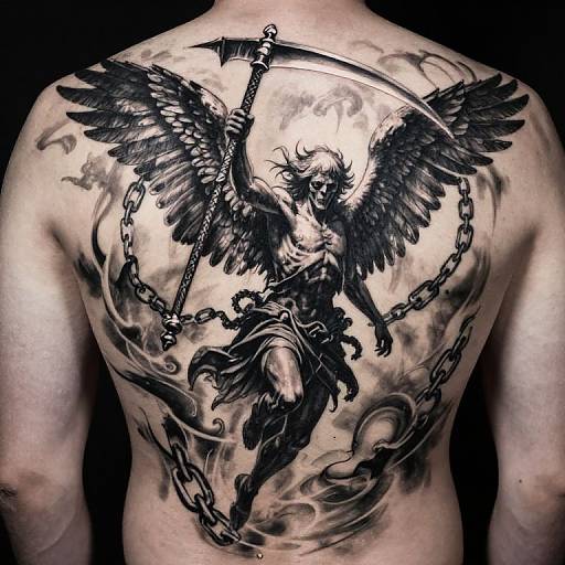 Tattooed back of a muscular man featuring a black, winged, chain-bound warrior holding a sword, with dynamic, swirling patterns. Mon