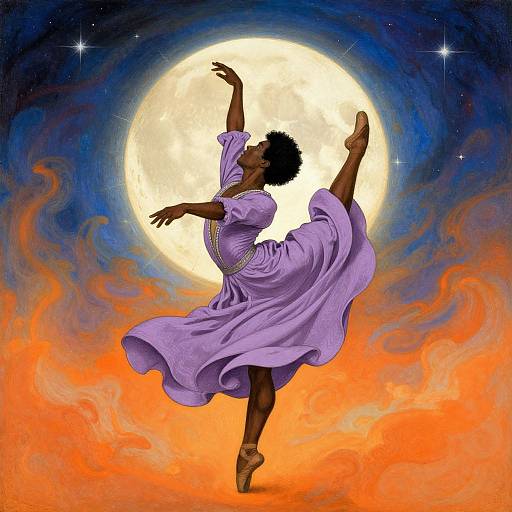 Digital illustration of a dark-skinned, curly-haired female ballerina in a flowing lavender dress, dancing on pointe against a radiant full moon and