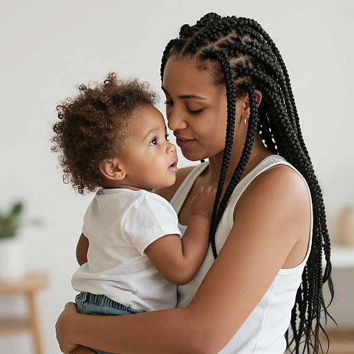 Photograph of a Black woman with long braids, wearing a white tank top, tenderly holding a curly-haired baby in a white shirt, g