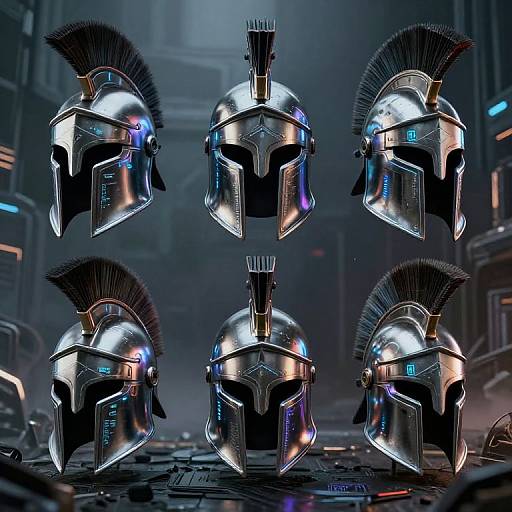 CGI image of five futuristic, metallic Spartan-style helmets with black plumes, glowing blue accents, and intricate designs, set in a dimly lit