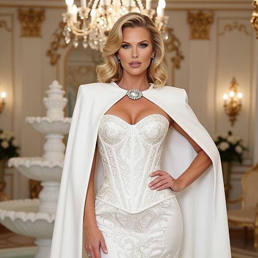 Photograph of a glamorous blonde woman in an ornate white lace wedding gown with a cape, standing in an elegant room with a chandelier and classical