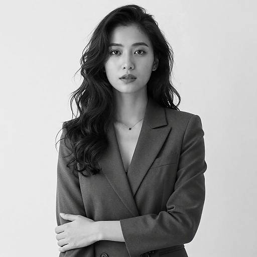 Photograph of an attractive Asian woman with long, wavy black hair, wearing a dark blazer, standing against a white background, looking directly at