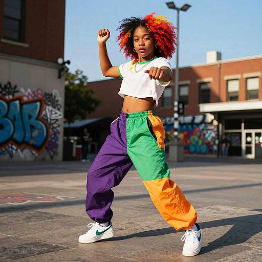 Photograph of a young Black woman with vibrant red-orange curly hair, wearing a white crop top, green-purple-orange pants, and white sneakers, striking