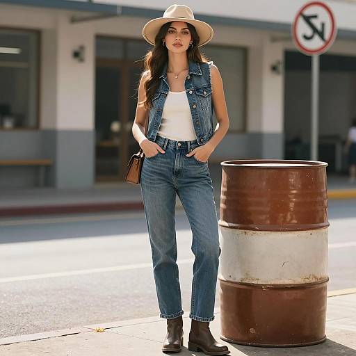 Young Woman in Denim Outfit with Beige Sunhat