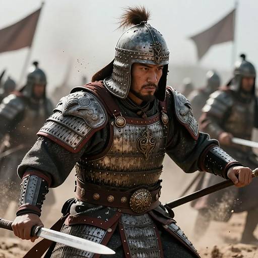 Digital artwork of a determined samurai in silver armor, holding a sword, with blurred background warriors and flags, amidst dust.