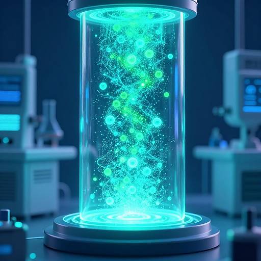 Digital artwork of a glowing blue and green molecular structure enclosed in a cylindrical glass container, illuminated in a futuristic laboratory setting.