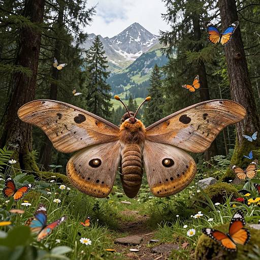 Photograph of a large orange and brown moth with black spots, wings spread wide, in a forest with colorful butterflies, wildflowers, and a mountain