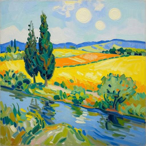 Vibrant oil painting of a sunny landscape with bright yellow fields, blue sky with suns, green trees, and a flowing stream.