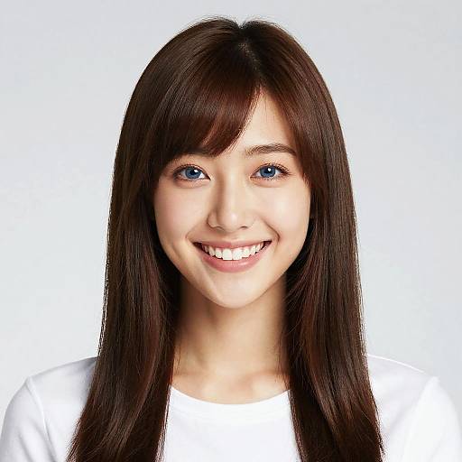 Photograph of a young Asian woman with long, straight brown hair, blue eyes, and a bright smile, wearing a plain white shirt, against a