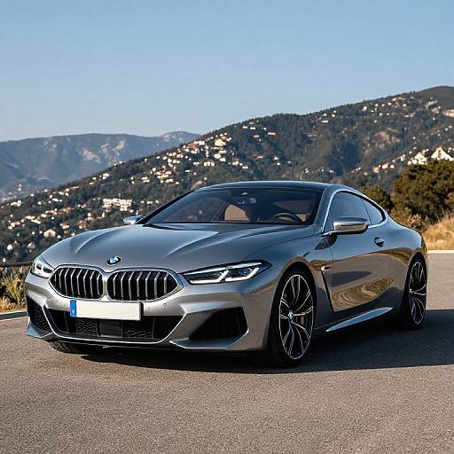 Photograph of a sleek, silver BMW coupe with sharp headlights, black rims, and a blurred mountainous background under a clear blue sky.