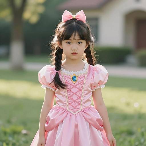 Asian Girl in Pink Princess Costume Outdoors